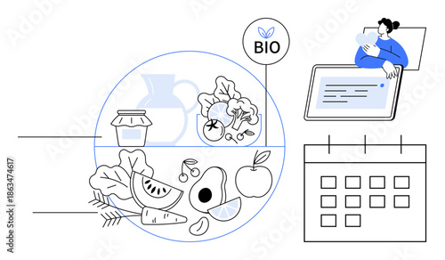 Organic food concept. Organic fruits, vegetables, and products with a bio label highlighting healthy eating. Organic meal planning with calendar and modern technology. For nutrition, healthy habits