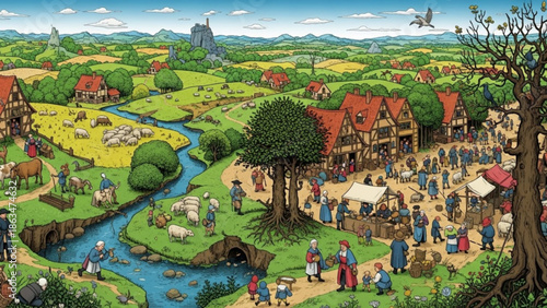 A bustling medieval village scene with people and animals near a river and market stalls in a rural