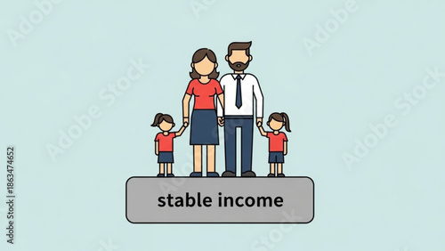A cartoon family of four standing on a stable income platform, symbolizing financial security with parents