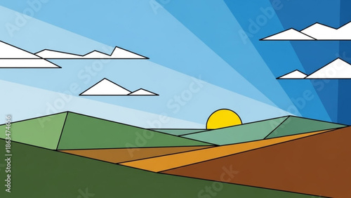 Vibrant sunrise over rolling hills with sun rays and clouds in a stylized landscape with graphic with sky