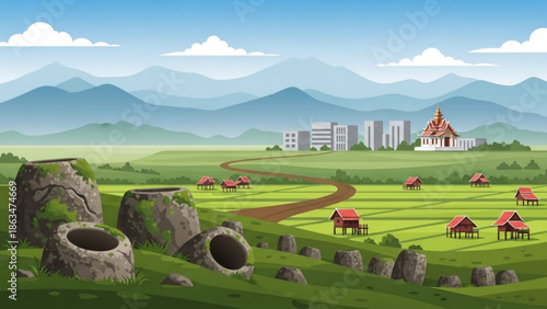 A serene landscape with a temple, houses and large stone structures in a green valley with mountains