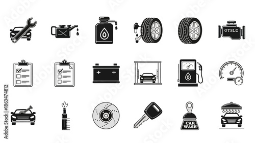 Collection of car maintenance icons including tools, fluids, tires, and cleaning symbols