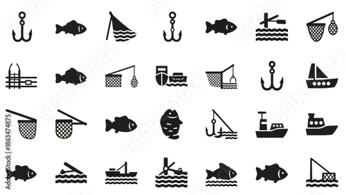Collection of fishing and marine-related icons including hooks, fish, boats, nets, and water