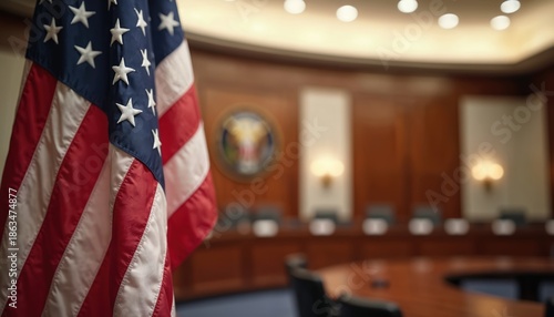 US flag waves gently in focus before blurry oval hearing room with wooden paneling and official seal. Symbol of American democracy and government proceedings.