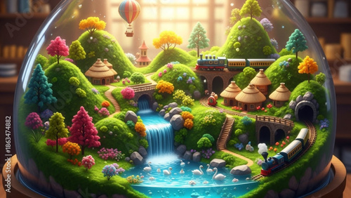 Vibrant miniature landscape inside glass globe with train, waterfall, swans, and hot air balloon with model