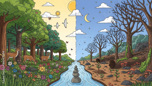 Split landscape illustration contrasting lush forest with deer and flowers on one side and arid with nature