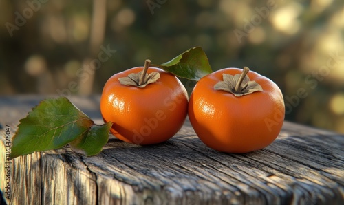 Two ripe orange persimmon fruits on wooden surface in natural sunlight