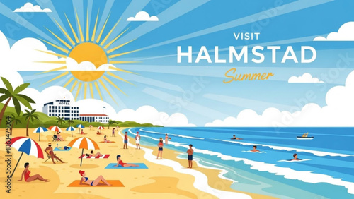 A sunny beach scene with people enjoying summer vacation, beach activities, and a hotel with tourism