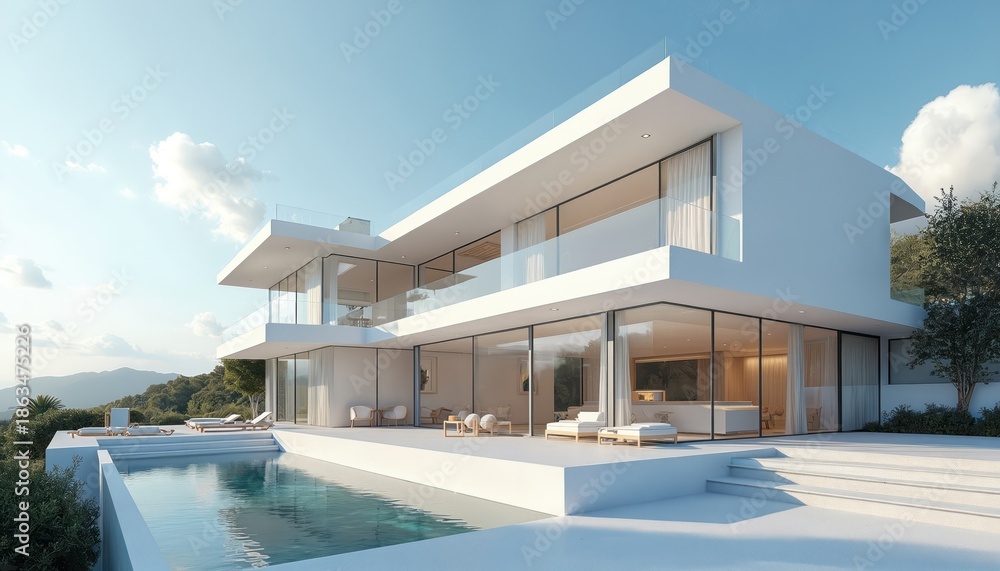 Fototapeta premium Modern white mansion with glass walls and infinity pool. Luxury villa with clear blue sky and green hills backdrop. This estate has sleek design and spacious living areas for comfort.