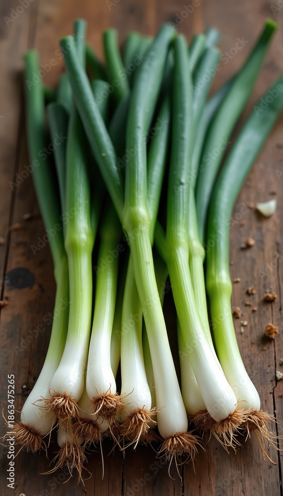 Fototapeta premium Fresh green onions bunch with roots sit on rustic wooden table. Green stalks and white bases show off their natural freshness. Healthy ingredient for cooking meals.