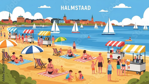 A vibrant beach scene with people enjoying sun, sand, and sailboats in the background on a sunny day