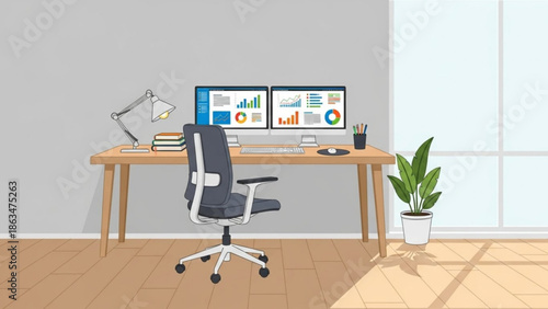 A modern office workspace with computer monitors and chair in front of a desk with a plant with business