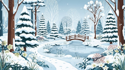 Snowy serene landscape with frozen pond, wooden bridge, and coniferous trees under snowfall, winter