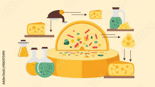 Infographic illustration showing cheese microbiology fermentation process with bacteria mold with fungus