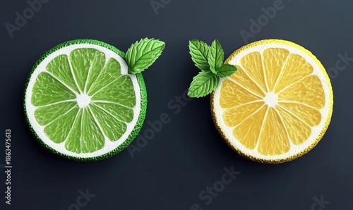 Vibrant citrus slices with mint leaves fresh fruit still life arrangement