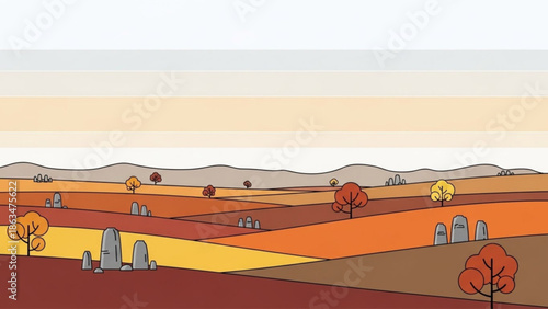 An abstract landscape with rolling hills, trees, and stone structures in warm autumn colors with sunset