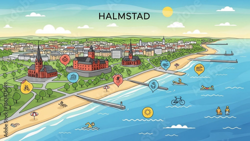 Vibrant illustration of halmstad city by the sea with beach activities and historic buildings with sunny