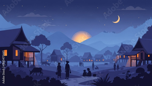 A serene village scene at dusk with people walking, houses with lit windows, trees, and a crescent