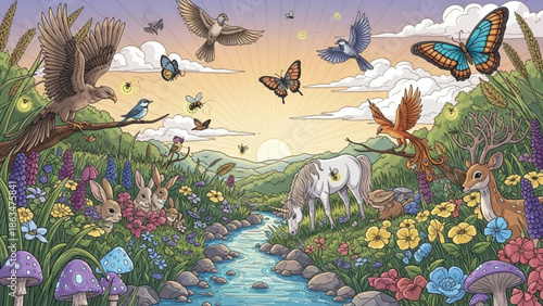 Whimsical forest scene with animals, butterflies, and flowers by a serene stream at sunset with wildlife