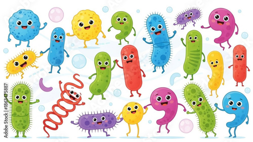 Colorful cartoon bacteria and germs with smiling faces and arms, isolated on white background with biology