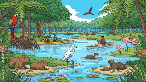 Vibrant tropical river scene with capybaras, flamingos, heron, parrot, and people kayaking in a lush