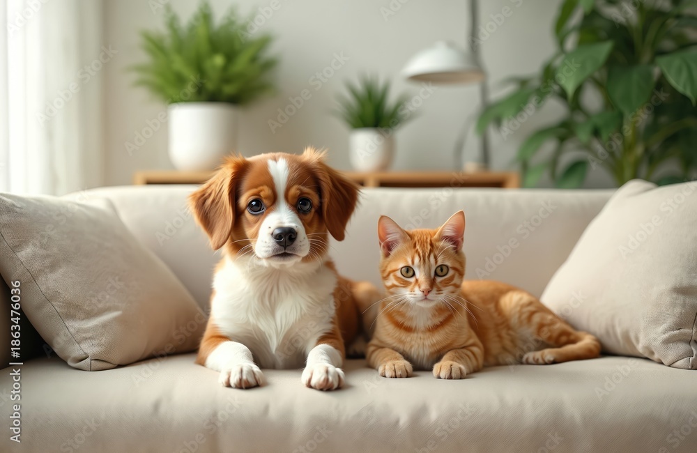 custom made wallpaper toronto digitalA small dog and ginger cat rest on a light sofa. Green plants fill room background. Pets look forward with calm expressions. Domestic animals at home.