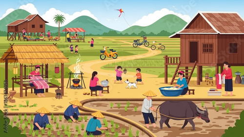 A vibrant rural village scene with people working in fields, tending animals, and socializing with blue sky