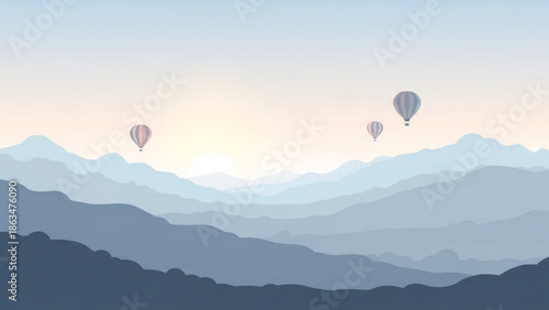 Three hot air balloons flying over a serene mountain range at sunrise or sunset with a clear blue with view