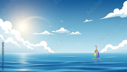 A vibrant rainbow colored sailboat sails across calm blue ocean waters under a bright sunny sky with serene