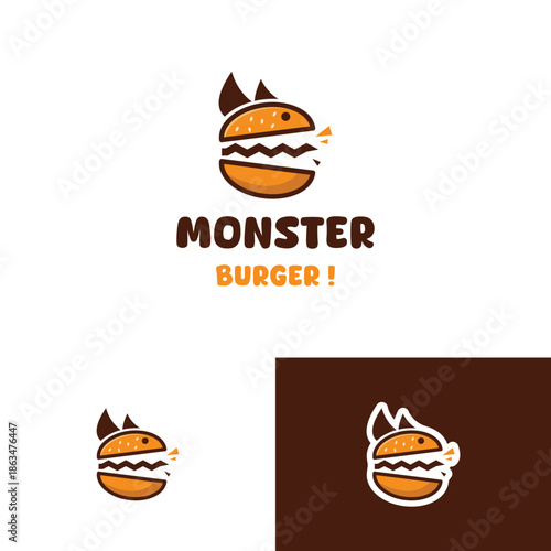 Monster burger logo with cartoon hamburger and devil horns