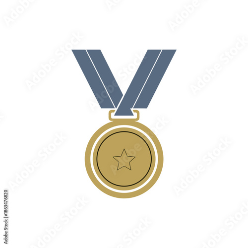 Vector illustration of a golden award medal featuring a prominent star symbol, suspended from a blue ribbon, representing success, achievement, and top recognition