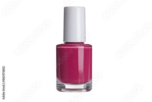 Single bottle of magenta nail polish with white cap on black background pink fuchsia