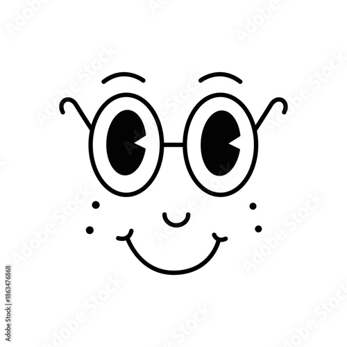 Cartoon face with glasses and freckles. Cute nerdy expression. Vector illustration for comic design themes.