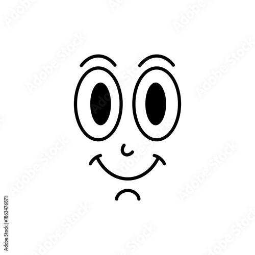 Cartoon smiley face with confident look and classic comic eyes. Retro vector emoji illustration for stickers and fun designs.