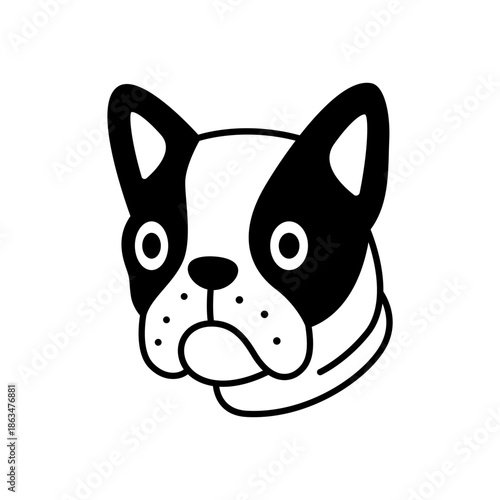 French bulldog with black eye patches and big ears. Bold black and white cartoon vector dog face