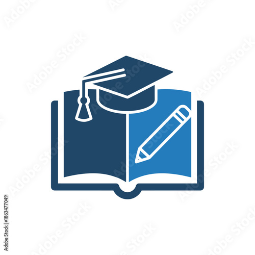 Graduation Cap and Open Book with Pencil Icon Representing Education and Learning