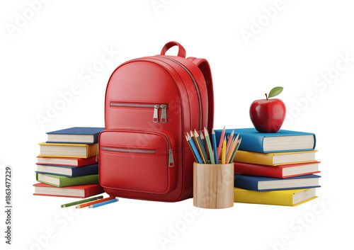 Wallpaper Mural Red school backpack with books and stationery isolated on transparent background for education concept Torontodigital.ca