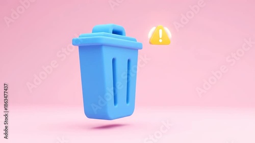 Blue dustbin icon delete trash bin warning alert 3D render