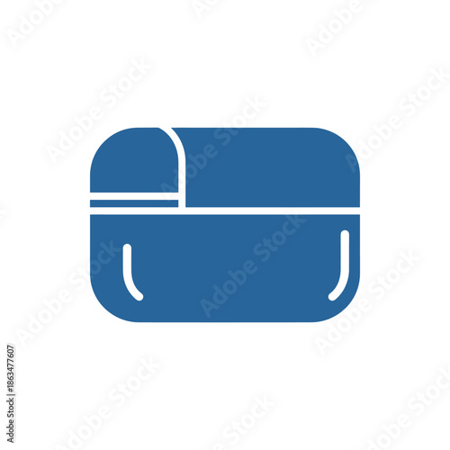 Minimalist blue illustration of a sleek, modern storage container with rounded edges and internal compartments, perfect for organizing meals or small items for travel and daily convenience