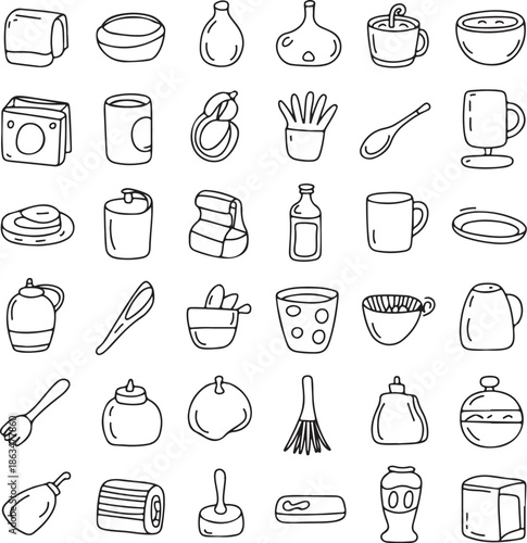Kitchen Utensils and Dishes Line Drawing Illustration Set