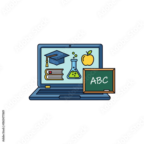 Online Education and Digital Learning Vector Icon Laptop Displaying Academic Symbols, Books, and Science Elements for Modern Study and Knowledge Acquisition
