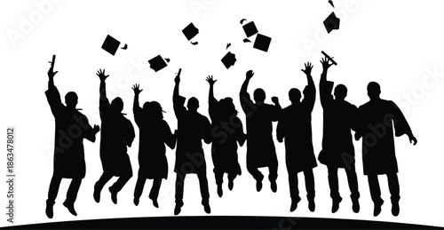 Black silhouettes of graduates jumping and throwing caps, isolated