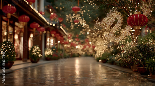 Festive Street: Captivating alleyway illuminated by an array of red lanterns and twinkling lights. The decorative elements evoke a sense of cultural celebration.