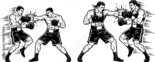 Two Style Boxing Silhouette Vector Illustration with Powerful Punching Action