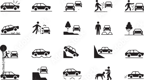 Black and white car accident icons and people walking