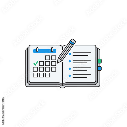 Vector icon of a daily planner notebook, showcasing a calendar and a task list. Ideal for illustrating concepts of efficient scheduling, organization, and personal productivity
