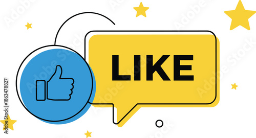 Colorful social media engagement vector featuring a yellow like speech bubble blue thumbs up icon and decorative stars for digital marketing