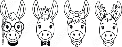 Cute cartoon donkey heads set with glasses crown bow and reindeer antlers line art for kids coloring book.
