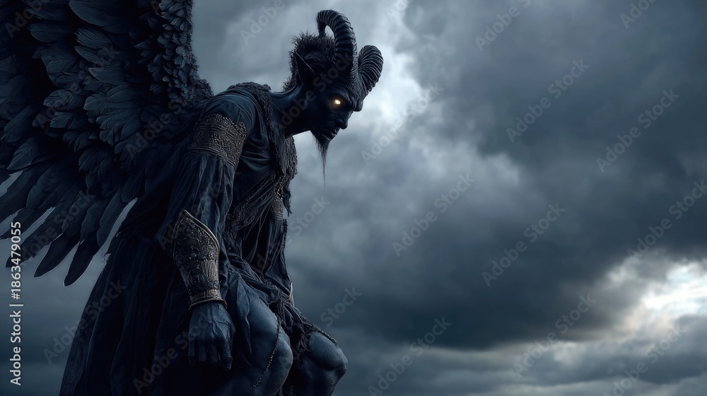 Fototapeta premium Pazuzu Wind Demon King Hovering Over Desert with Dark Storm Winds 