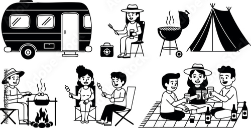 Camping activities with camper van tent barbecue picnic outdoor leisure family scene vector 